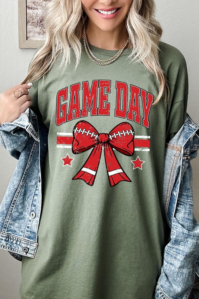 5000P-E3062 Red Football Bow Graphic Plus Heavy Cotton Tee $12.75