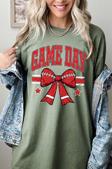 5000-E3062 Red Game Day Football Bow Graphic Heavy Cotton Tee $9
