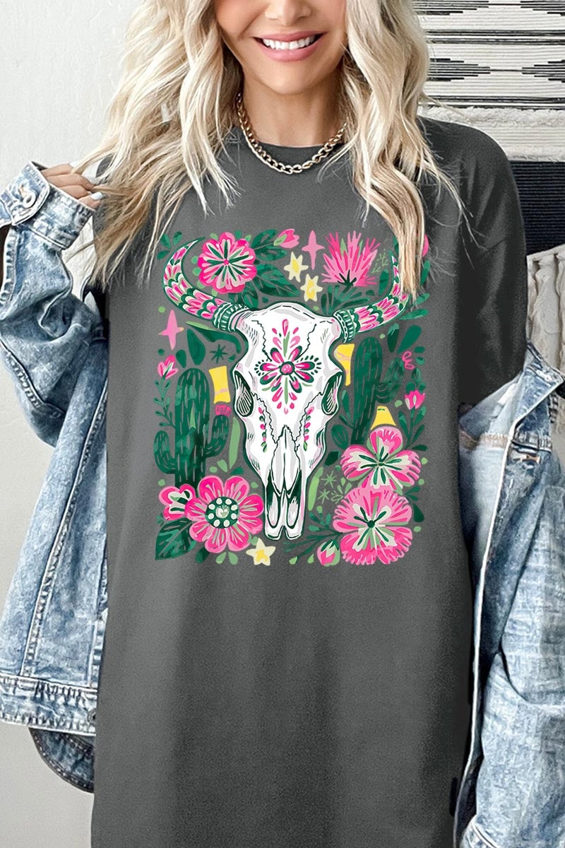 5000-E3086 Western Floral Cow Skull Graphic Heavy Cotton Tee $9