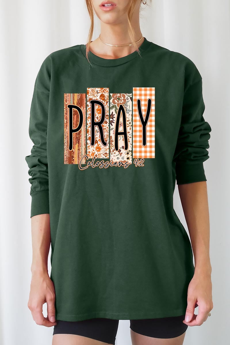 UL240P-E3166 Pray Fall Christian Graphic Plus Long Sleeve Tee $17