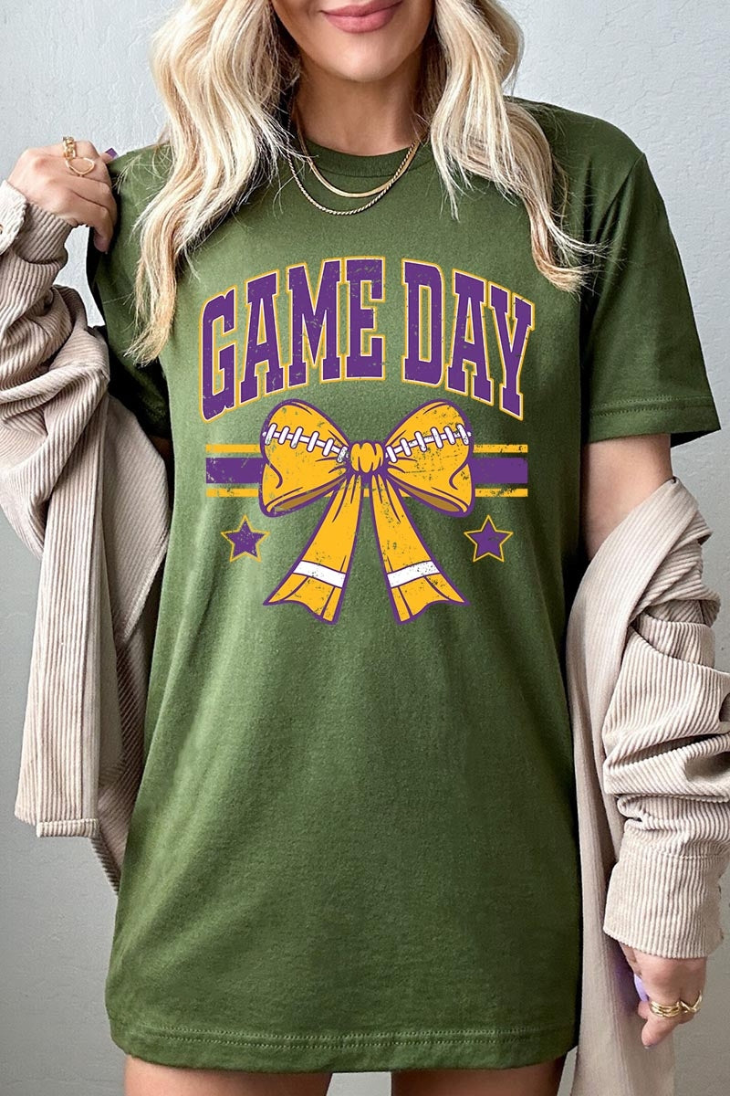 US3001-E3063 Purple Game Day Football Bow Graphic Tee $12.5