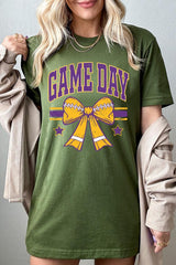 US3001-E3063 Purple Game Day Football Bow Graphic Tee $12.5