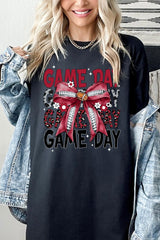 5000-E3093 Red Silver Football Game Day Bow Heavy Cotton Tee $9