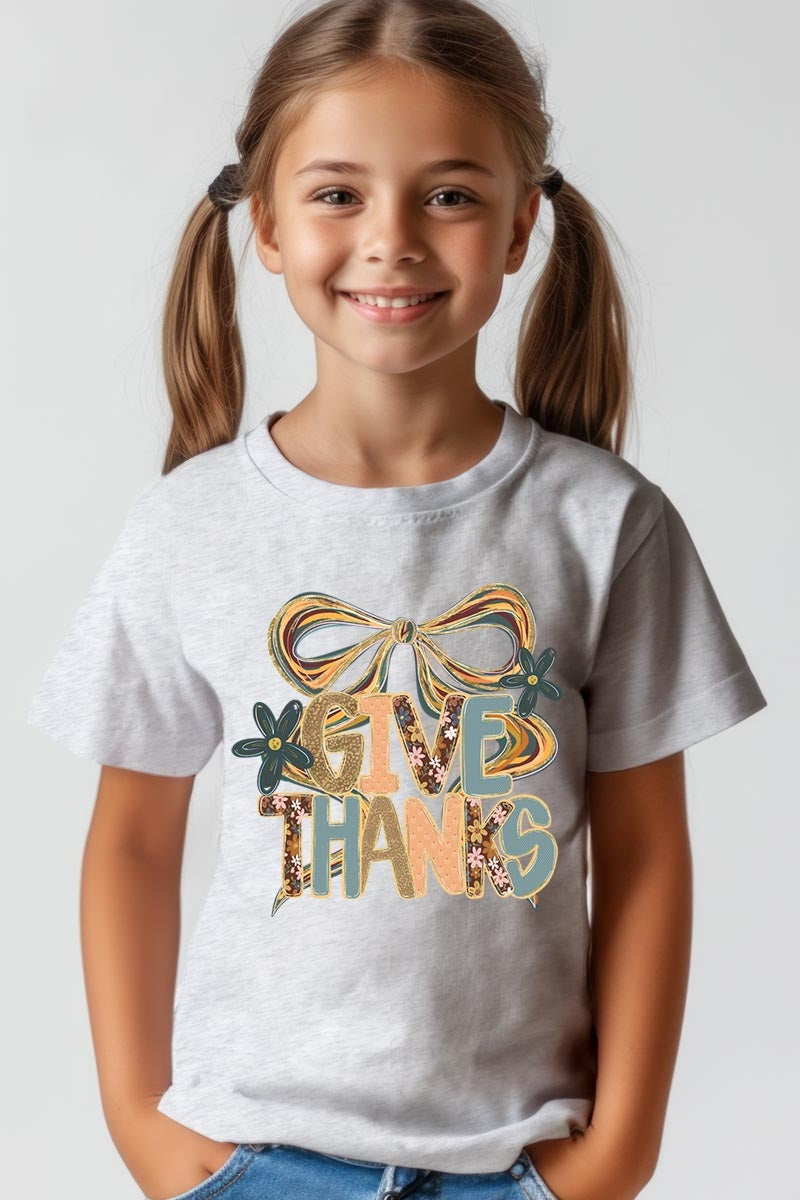 US3001Y-E3154Z Give Thanks Bow Kids Graphic Tee $11
