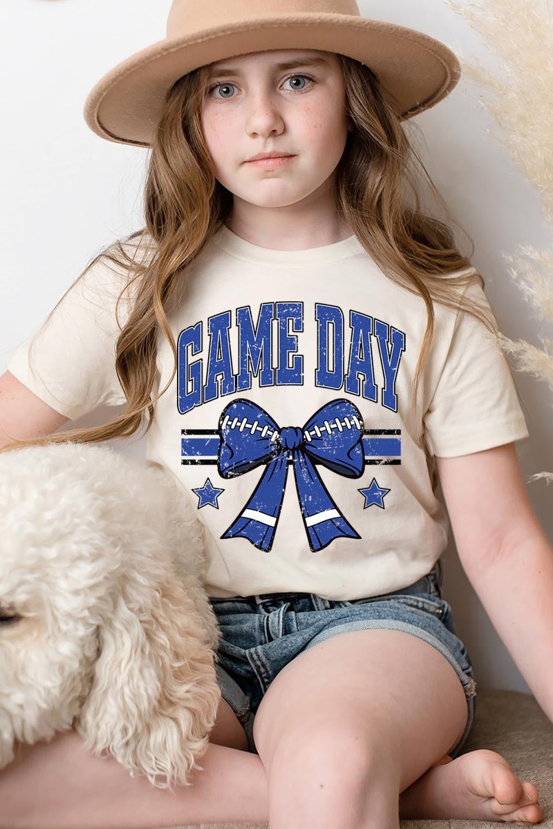 US3001Y-E3065Z Blue Game Day Football Bow Kids Graphic Tee $11