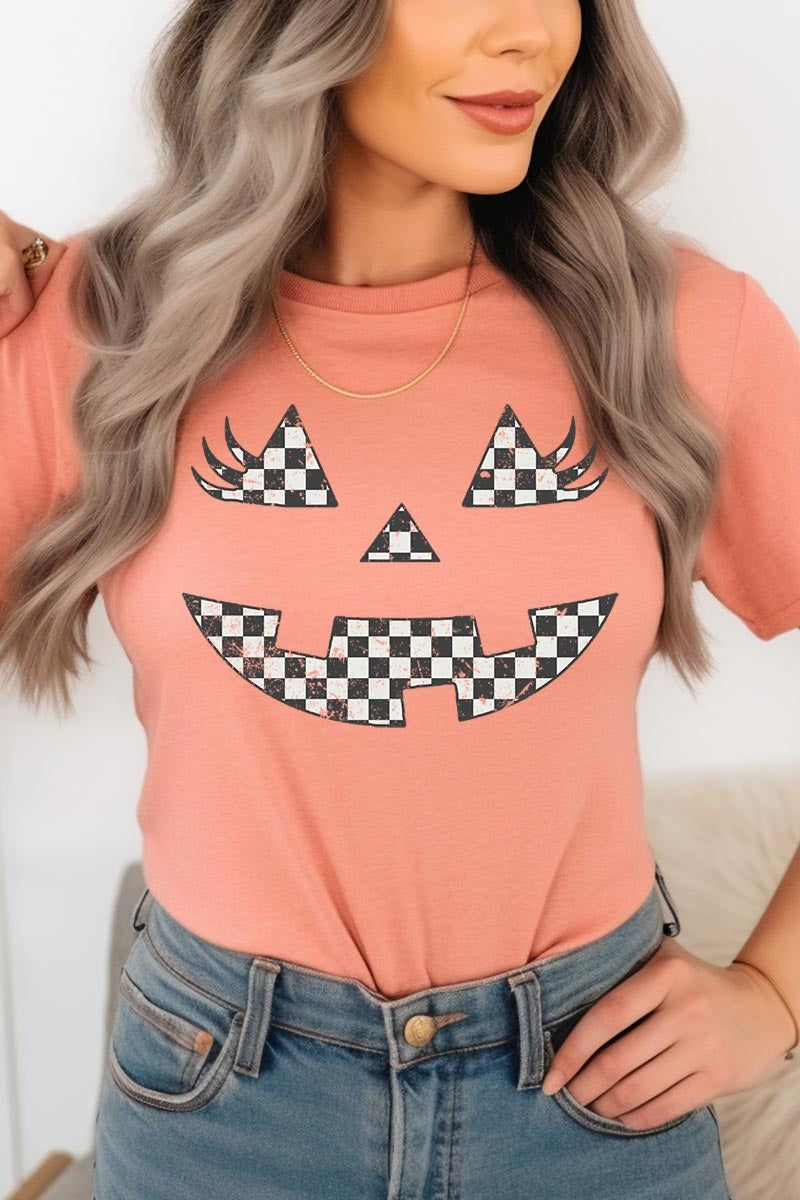 US3001-E3149 Checker Pumpkin Face Graphic Tee $12.5