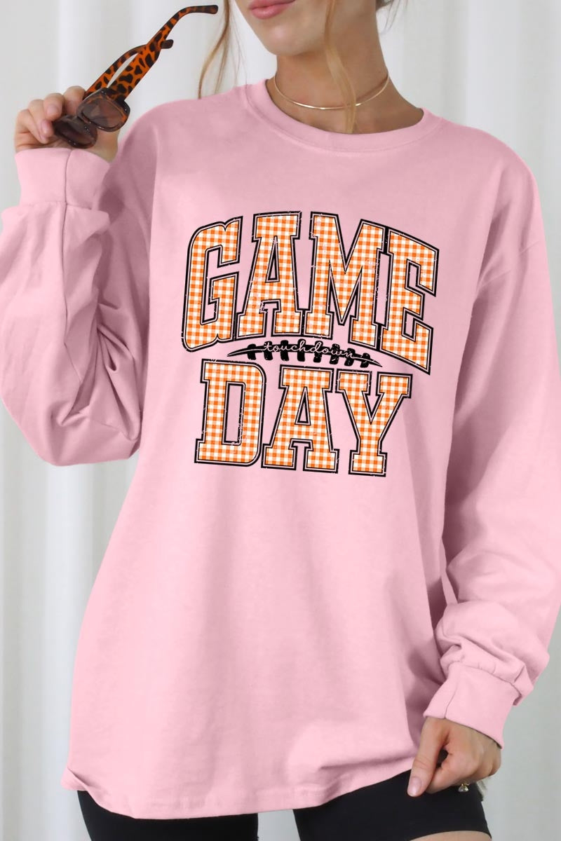 UL240-E3129 Orange Gingham Game Day Graphic Long Sleeve Tee $13.75