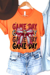 US3001-E3093 Red Silver Football Game Day Bow Graphic Tee $12.5