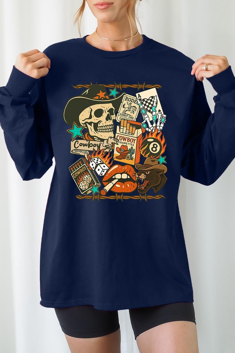 UL240-E3096 Vintage Western Collage Graphic Long Sleeve Tee $13.75