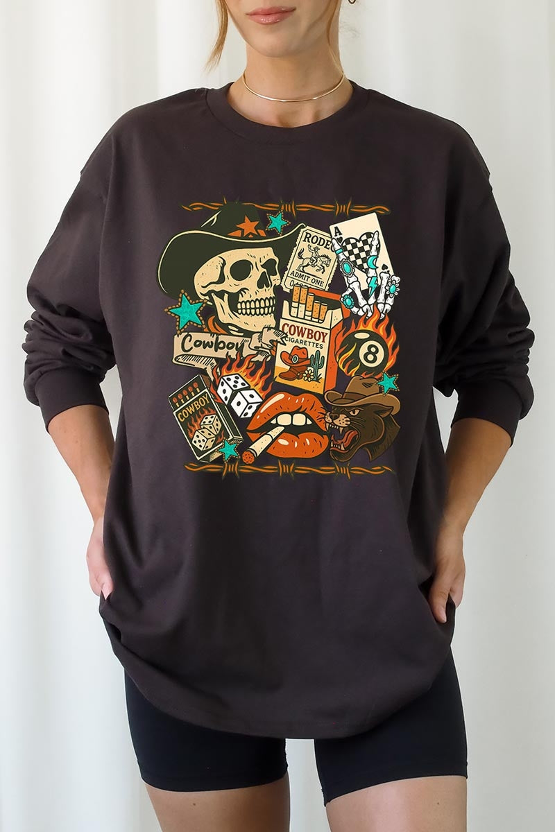 UL240-E3096 Vintage Western Collage Graphic Long Sleeve Tee $13.75