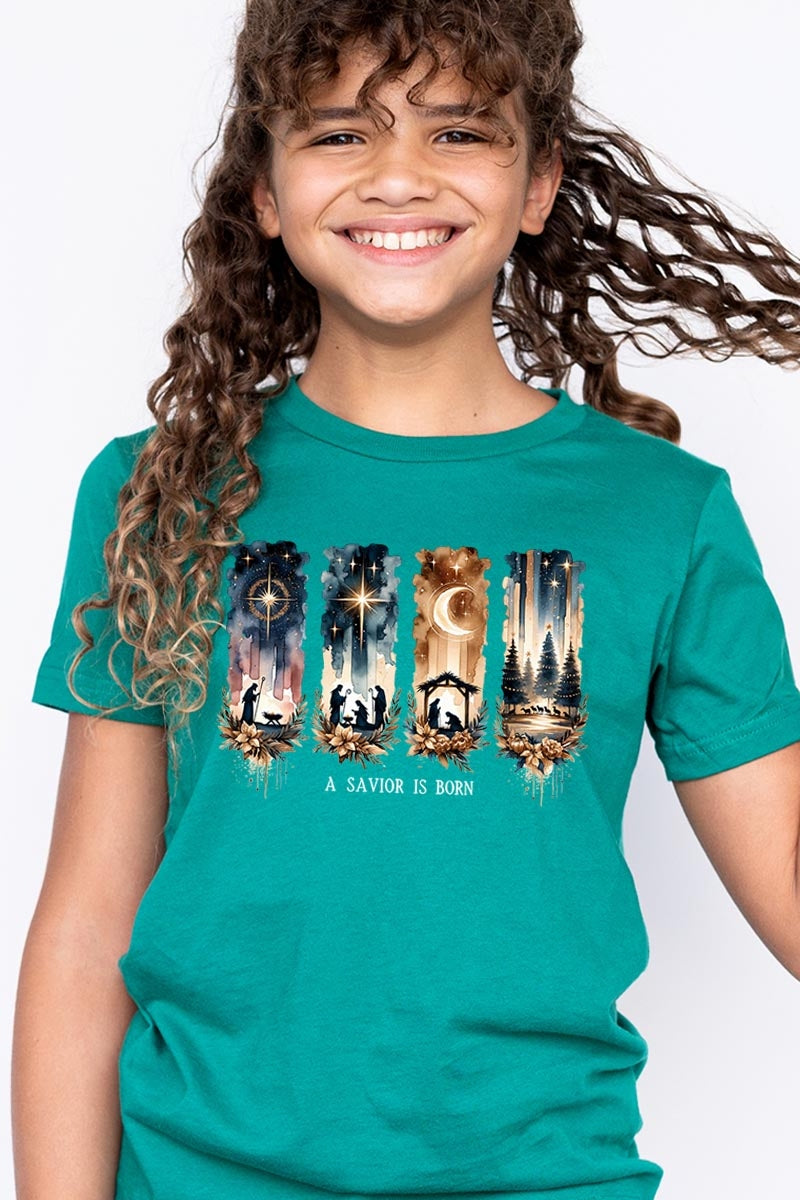 US3001Y-E3204Z Savior Is Born Nativity Kids Graphic Tee $11