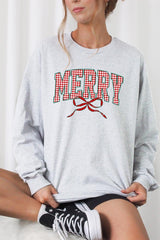 UL240-E3206 Plaid Merry Christmas Bow Graphic Long Sleeve Tee $13.75