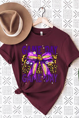US3001P-E3092 Purple Yellow Football Game Day Bow Plus Tee $16