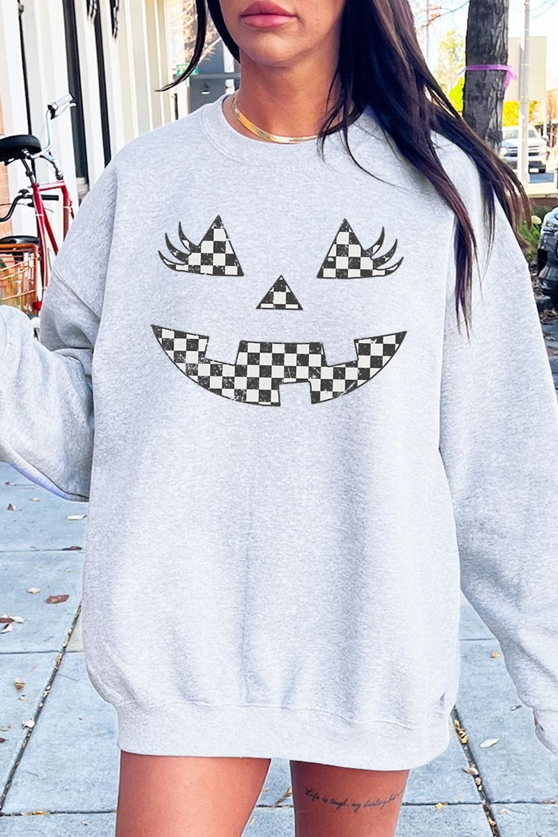 UL180P-E3149 Checker Pumpkin Face Graphic Plus Sweatshirt $25