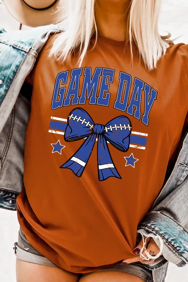 US3001P-E3065 Blue Game Day Football Bow Graphic Plus Tee $16