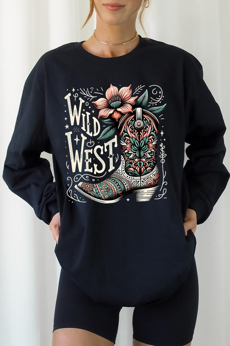UL240-E3100 Wild West Cowgirl Boot Graphic Long Sleeve Tee $13.75