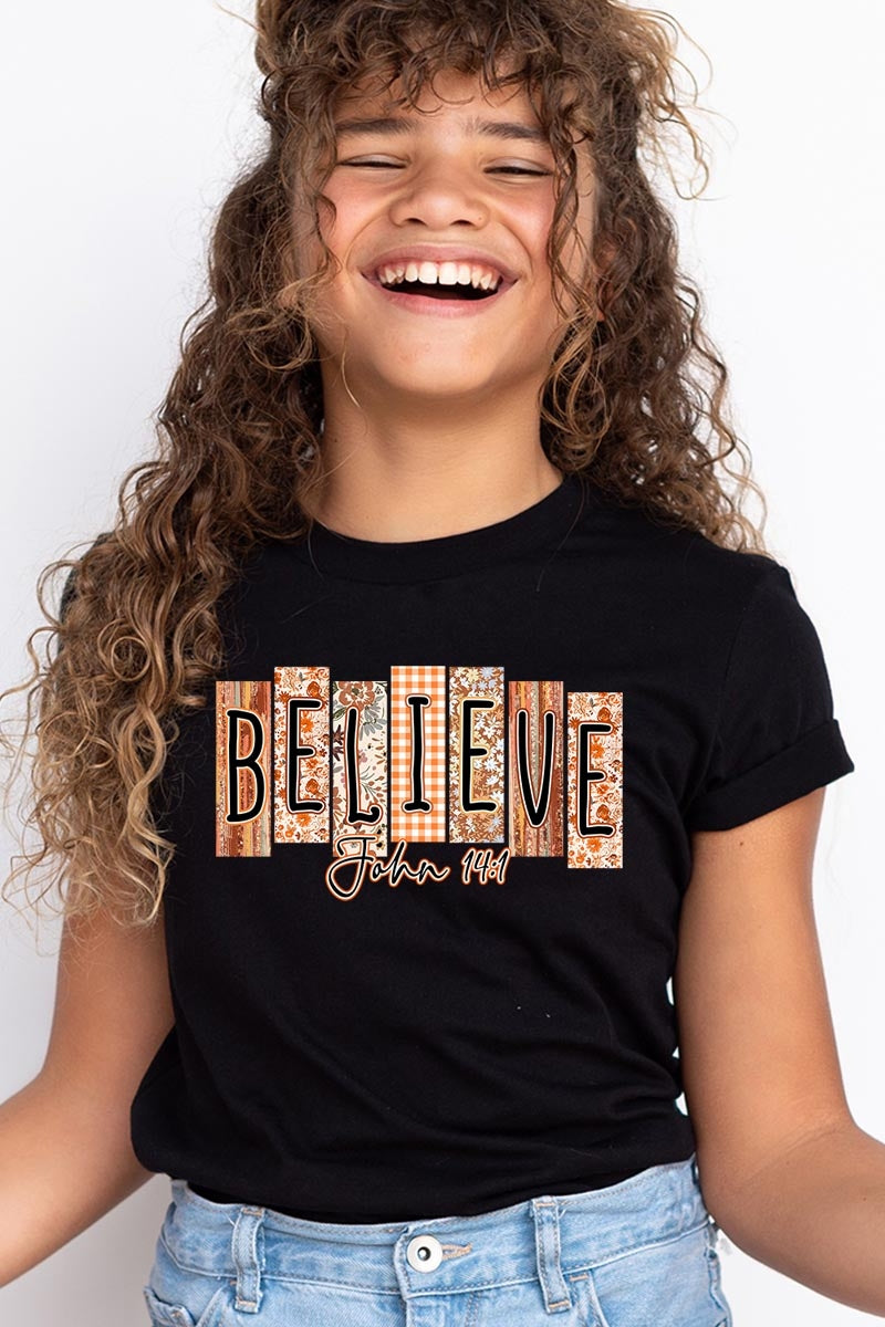 US3001Y-E3167Z Believe Fall Christian Kids Graphic Tee $11