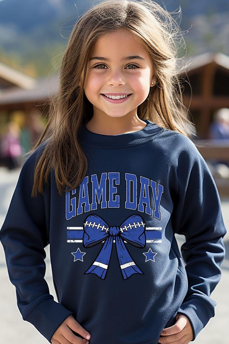 UL180B-E3065Z Blue Game Day Football Bow Kids Graphic Sweatshirt $20