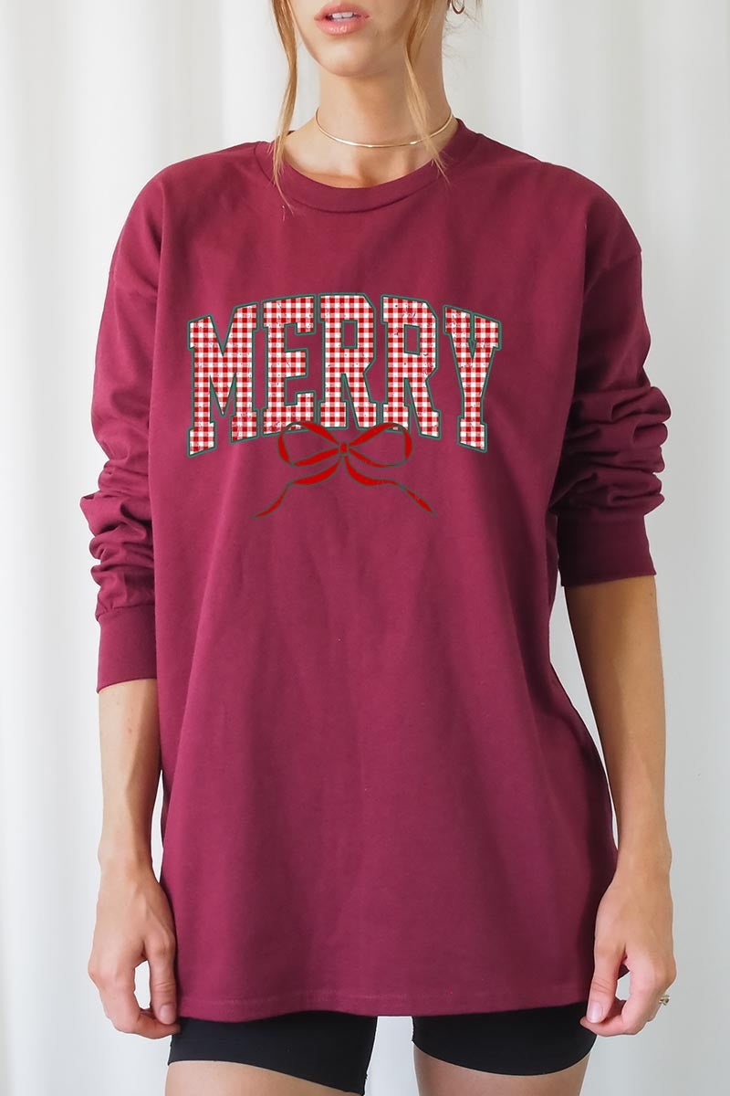 UL240P-E3206 Plaid Merry Christmas Bow Graphic Plus Long Sleeve Tee $17