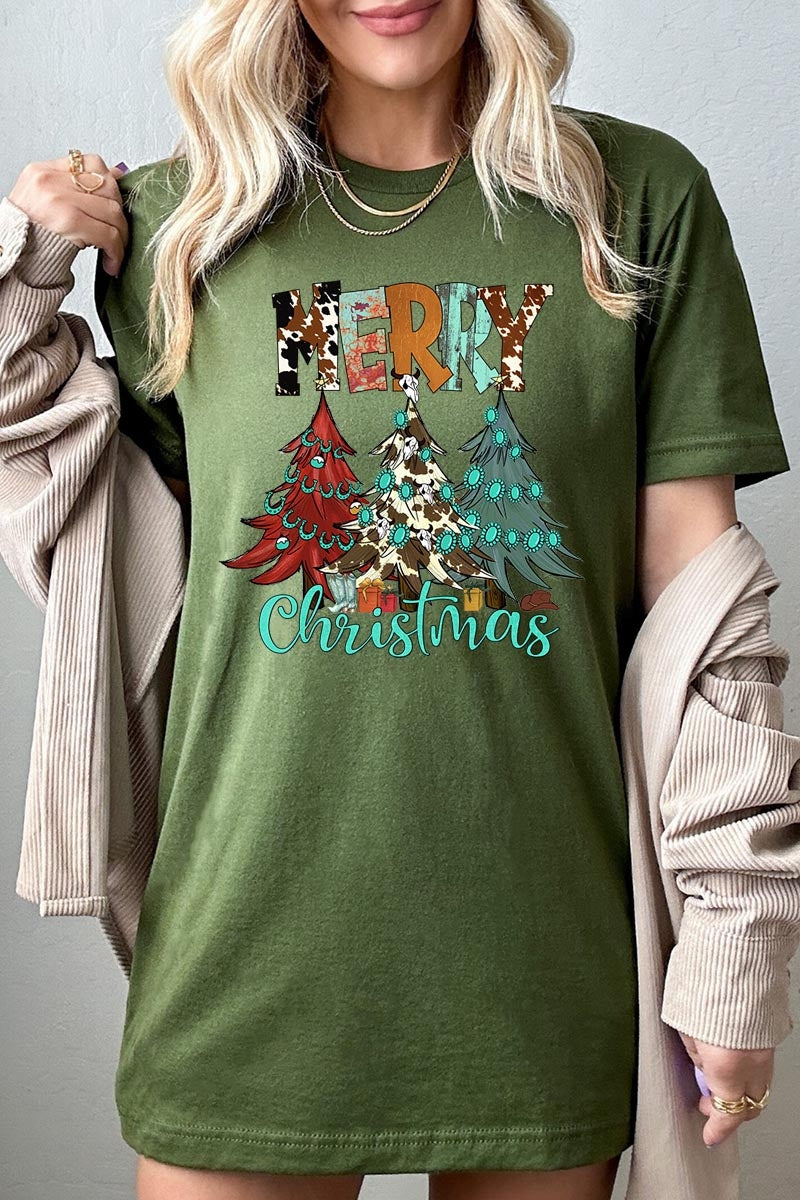 US3001P-E3200 Merry Christmas Trees Graphic Plus Tee $16