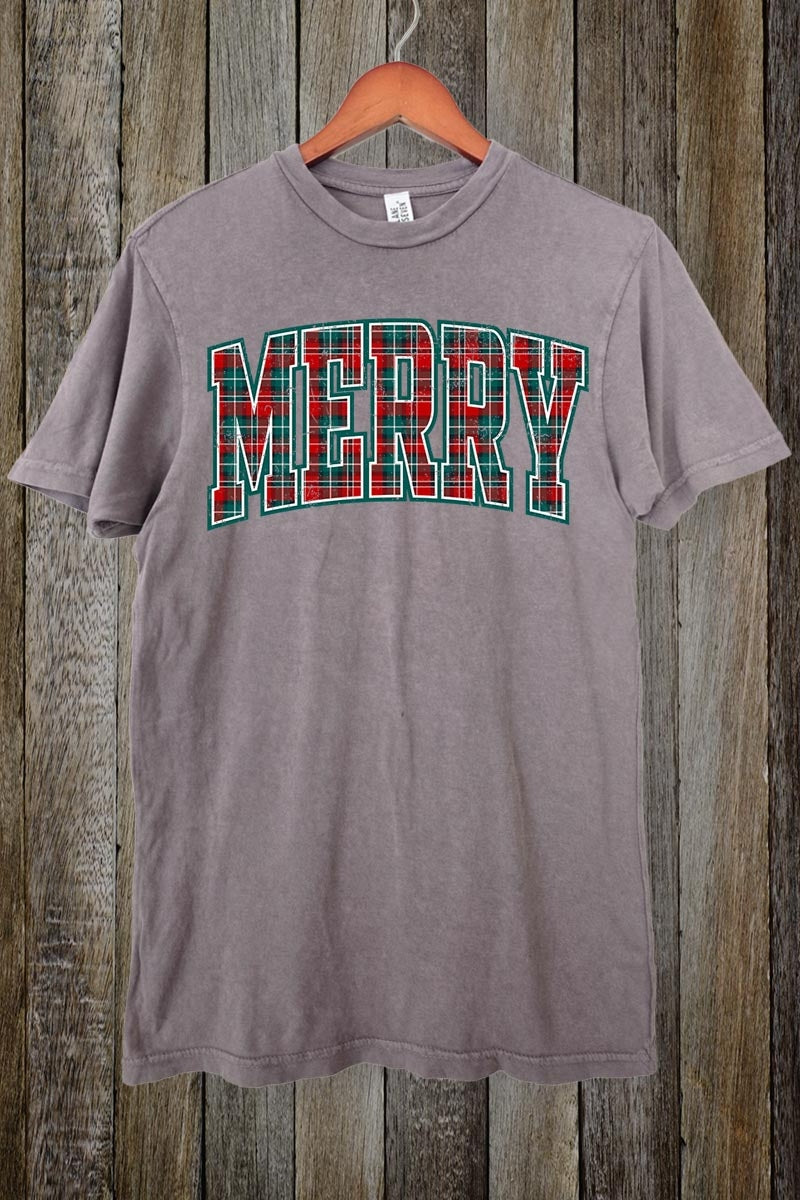LS002-E3210 Classic Plaid Merry Graphic Vintage Tee $15.5