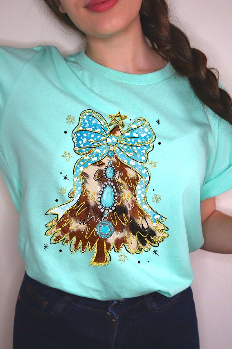 US3001-E3184 Turquoise Christmas Tree Graphic Tee $12.5