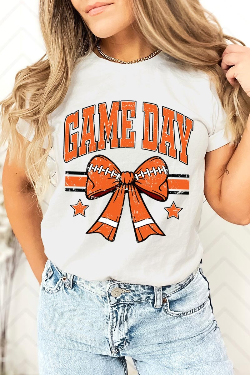 US3001-E3064 Orange Game Day Football Bow Graphic Tee $12.5
