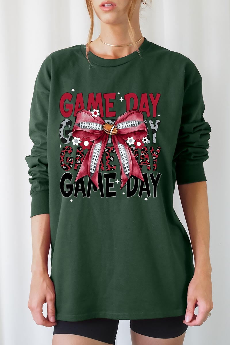 UL240-E3093 Red Silver Football Game Day Bow Long Sleeve Tee $13.75