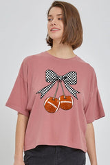 CTS-E3055 Football Cherries Graphic Relaxed Crop Top $10.5