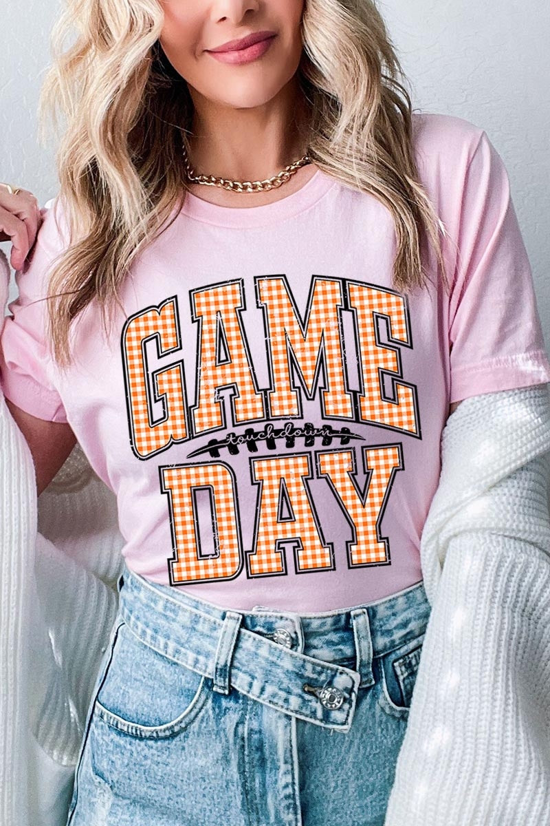 US3001-E3129 Orange Gingham Game Day Graphic Tee $12.5