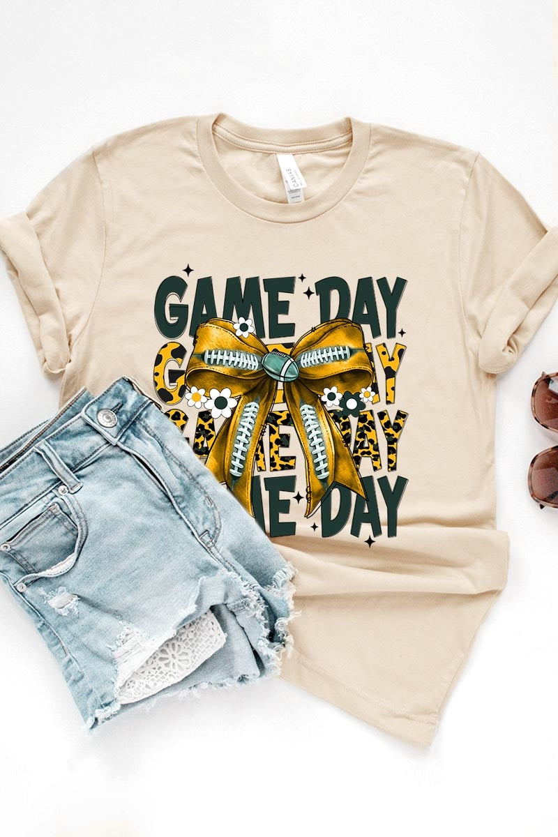 US3001P-E3090 Yellow Football Game Day Bow Graphic Plus Tee $16