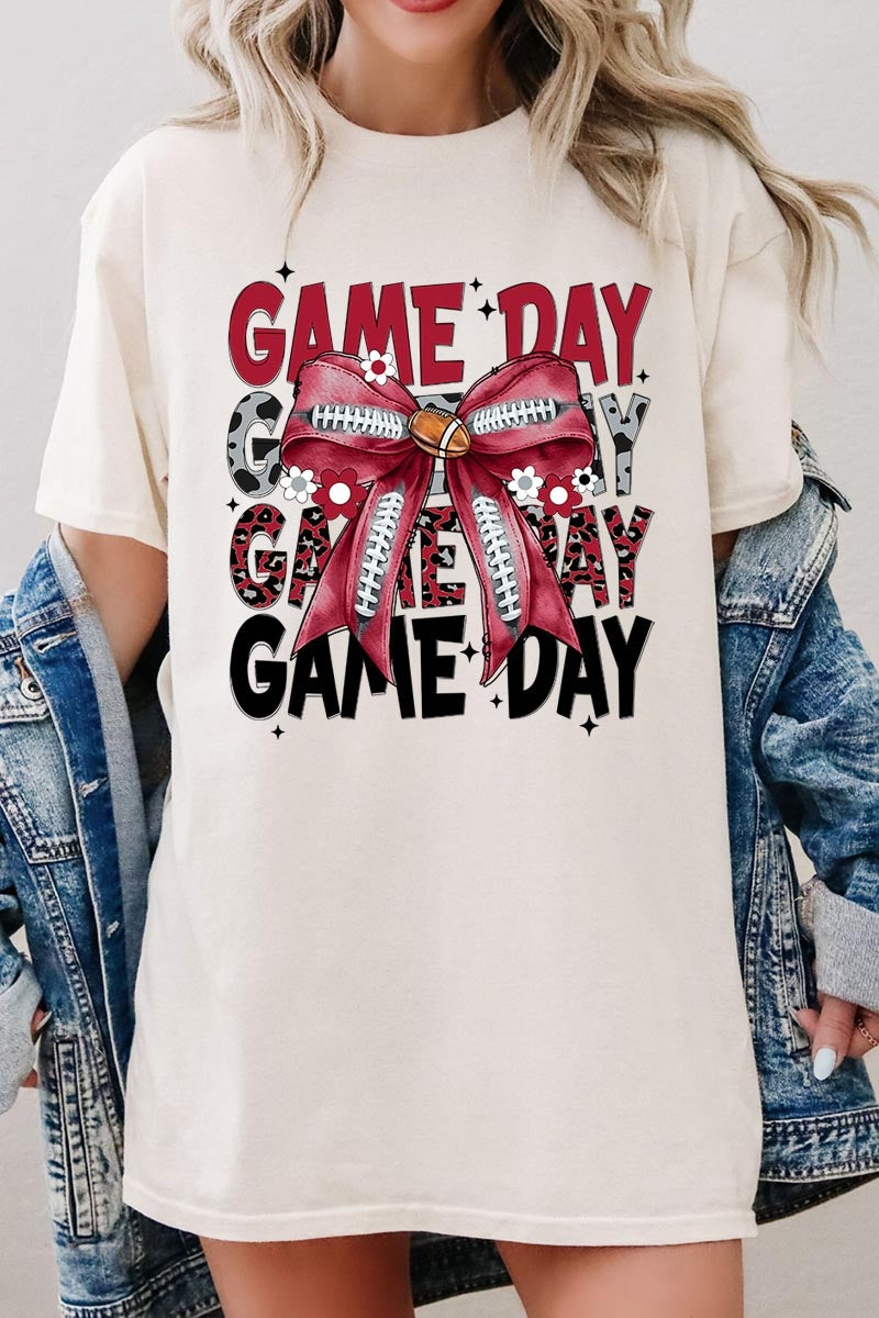 5000P-E3093 Red Silver Football Bow Plus Heavy Cotton Tee $12.75