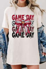 5000-E3093 Red Silver Football Game Day Bow Heavy Cotton Tee $9