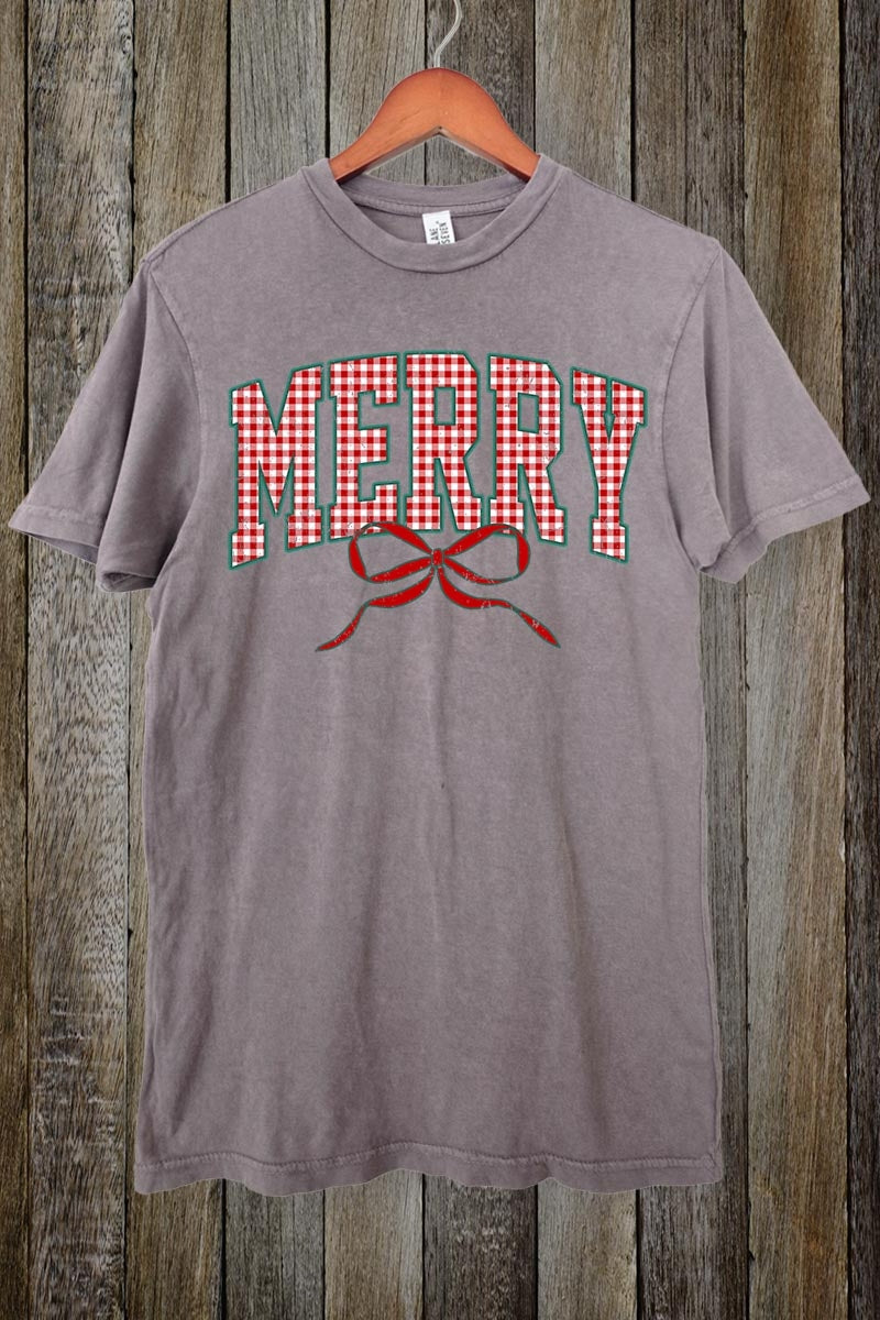 LS002-E3206 Plaid Merry Christmas Bow Graphic Vintage Tee $15.5