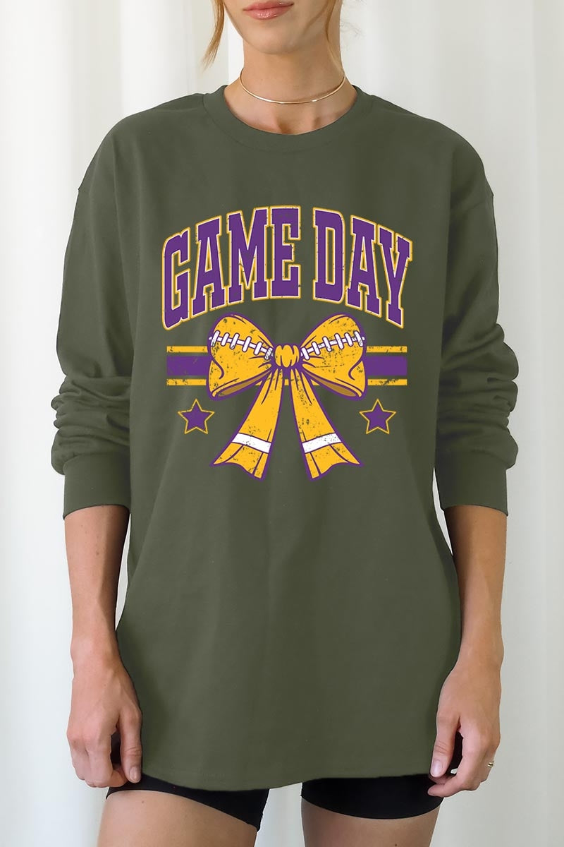 UL240P-E3063 Purple Game Day Football Bow Plus Long Sleeve Tee $17