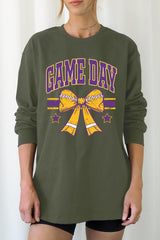 UL240P-E3063 Purple Game Day Football Bow Plus Long Sleeve Tee $17