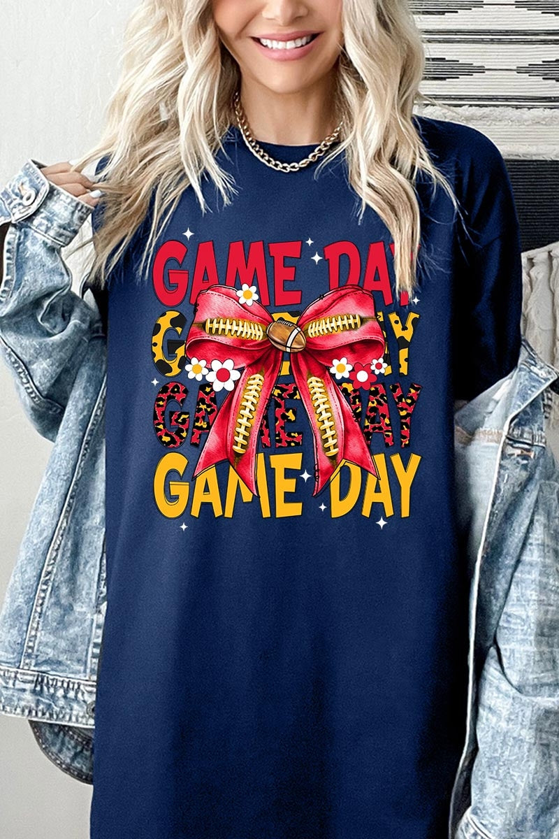 5000-E3091 Red Yellow Football Game Day Bow Heavy Cotton Tee $9