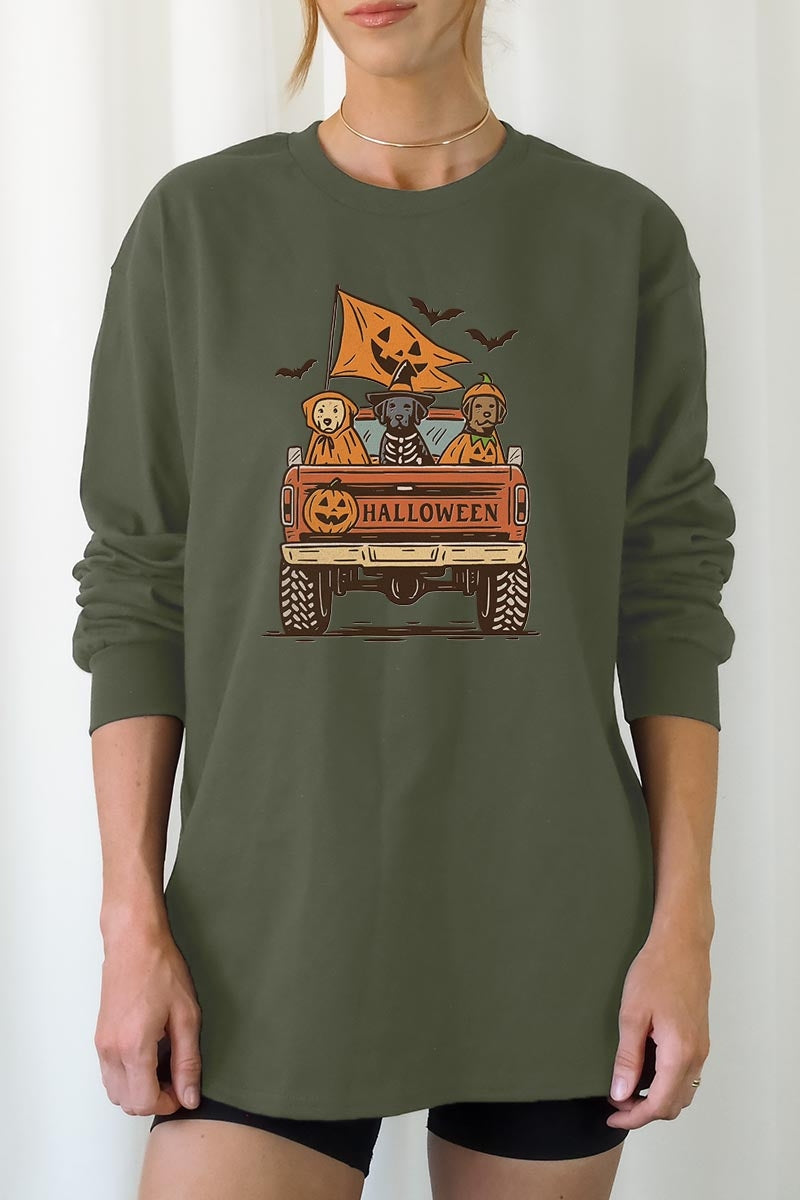 UL240-E3150 Halloween Truck Dogs Graphic Long Sleeve Tee $13.75