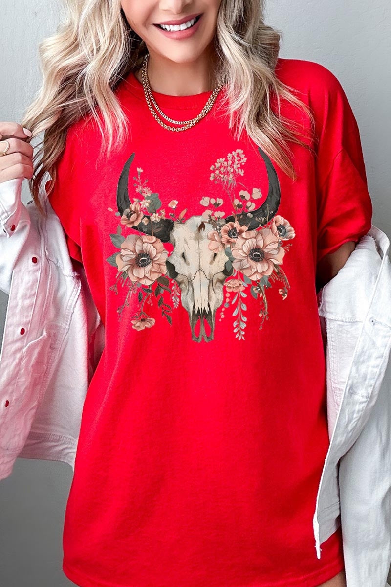 5000P-E3113 Western Skull Floral Graphic Plus Heavy Cotton Tee $12.75