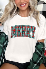 US3001-E3210 Classic Plaid Merry Graphic Tee $12.5