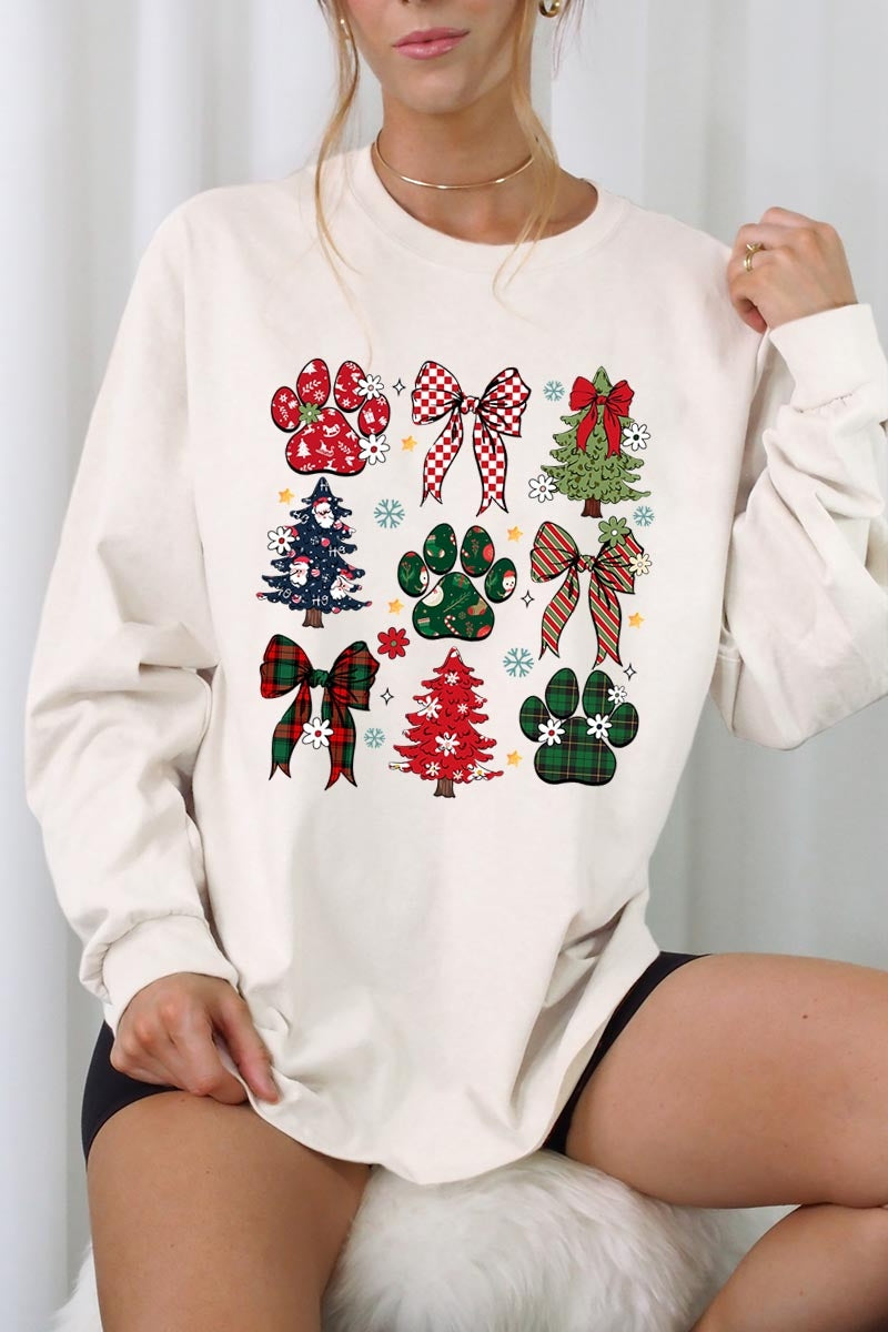 UL240P-E3195 Christmas Bow Paw Graphic Plus Long Sleeve Tee $17