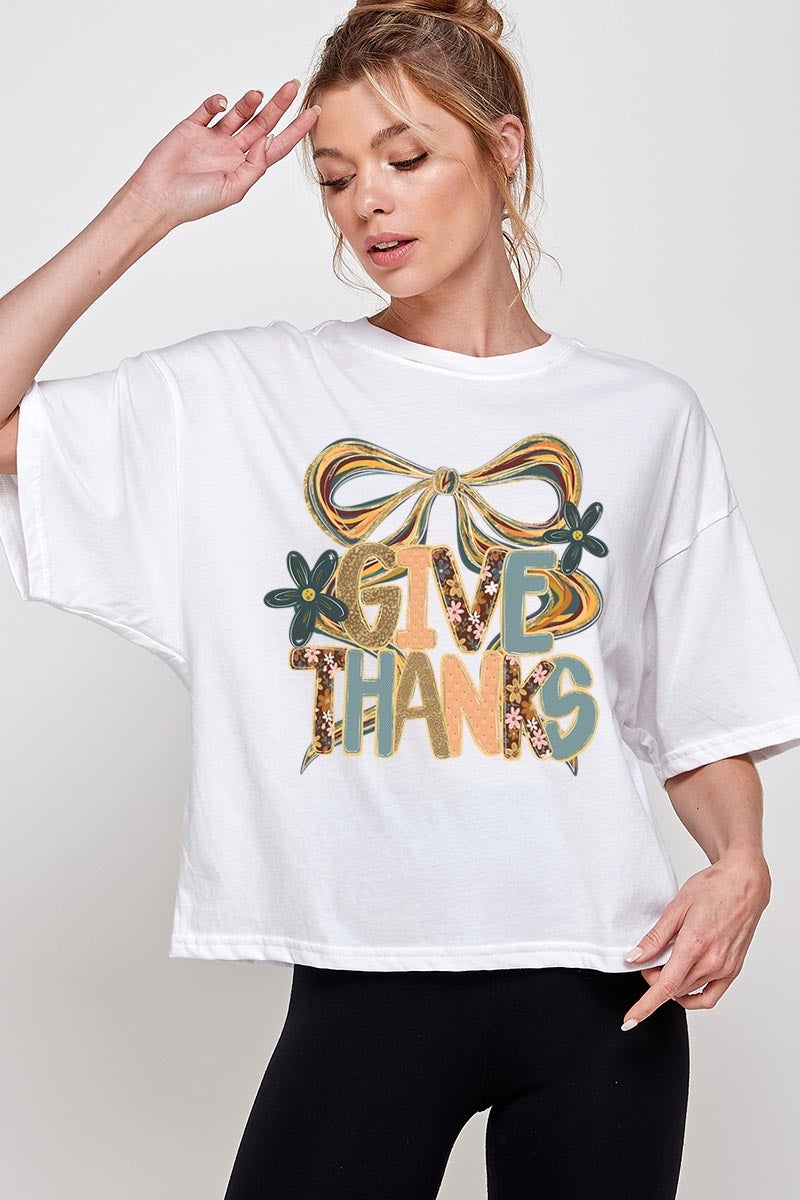 CTS-E3154 Give Thanks Bow Graphic Relaxed Crop Top $11