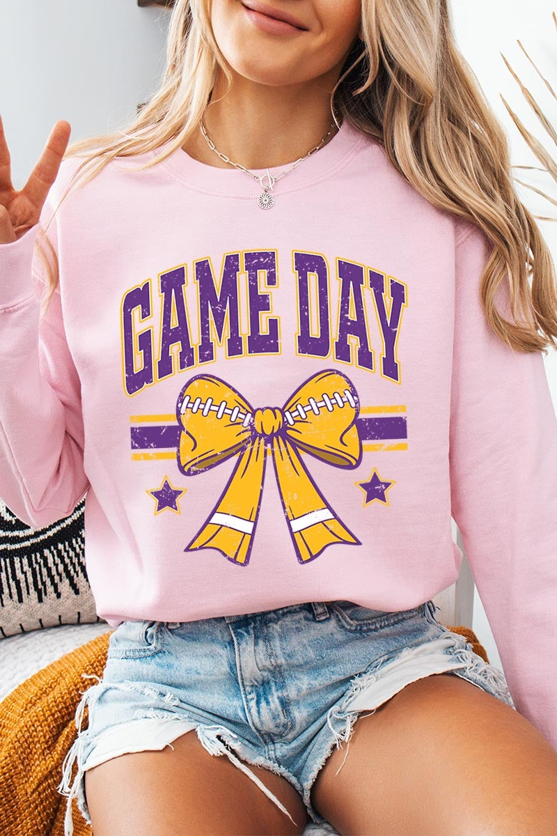 UL180-E3063 Purple Game Day Football Bow Graphic Sweatshirt $20