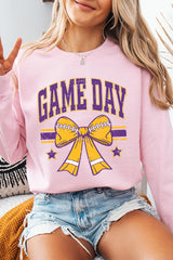 UL180-E3063 Purple Game Day Football Bow Graphic Sweatshirt $20