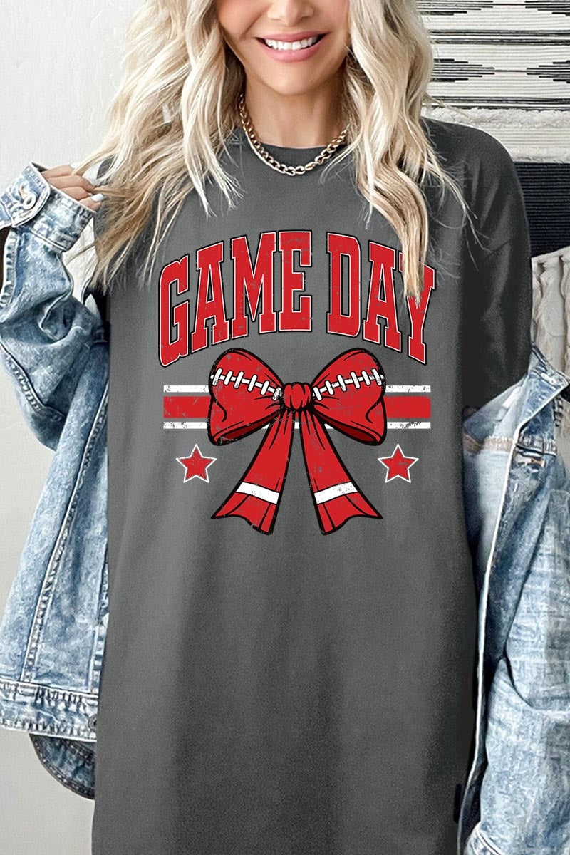 5000-E3062 Red Game Day Football Bow Graphic Heavy Cotton Tee $9