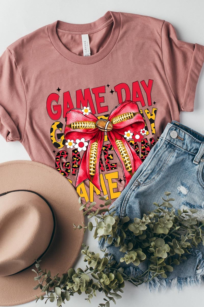 US3001-E3091 Red Yellow Football Game Day Bow Graphic Tee $12.5