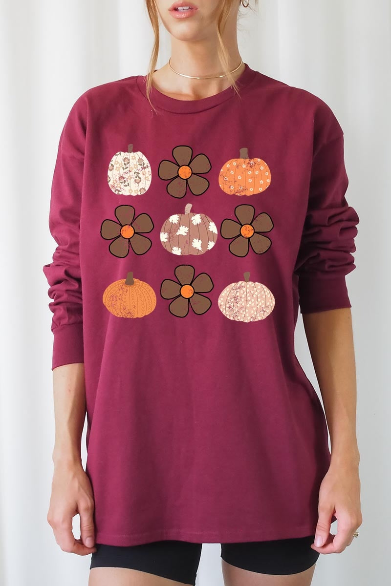 UL240P-E3117 Pumpkins & Flowers Fall Plus Long Sleeve Tee $17