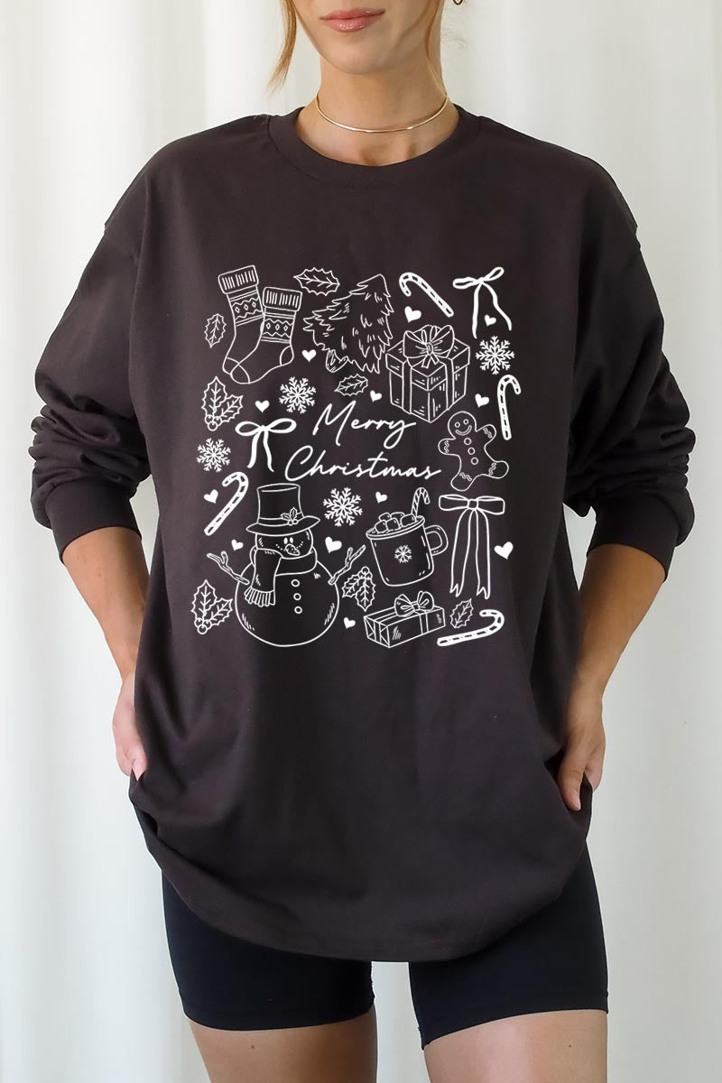 UL240-E3181 Christmas Doodle Graphic Long Sleeve Tee $13.75