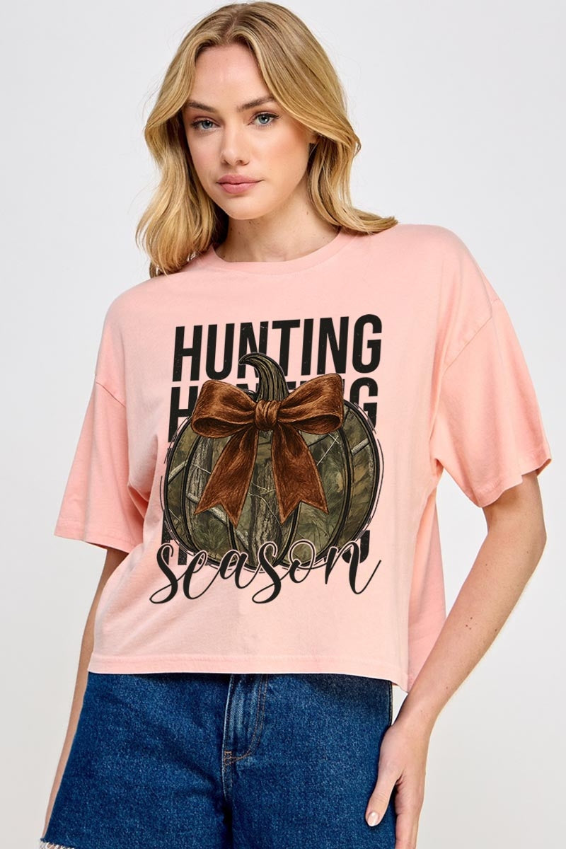 CTS-E3190 Hunting Pumpkin Bow Graphic Relaxed Crop Top $11