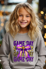 UL180B-E3092Z Purple Yellow Football GameDay Bow Kids Sweatshirt $20